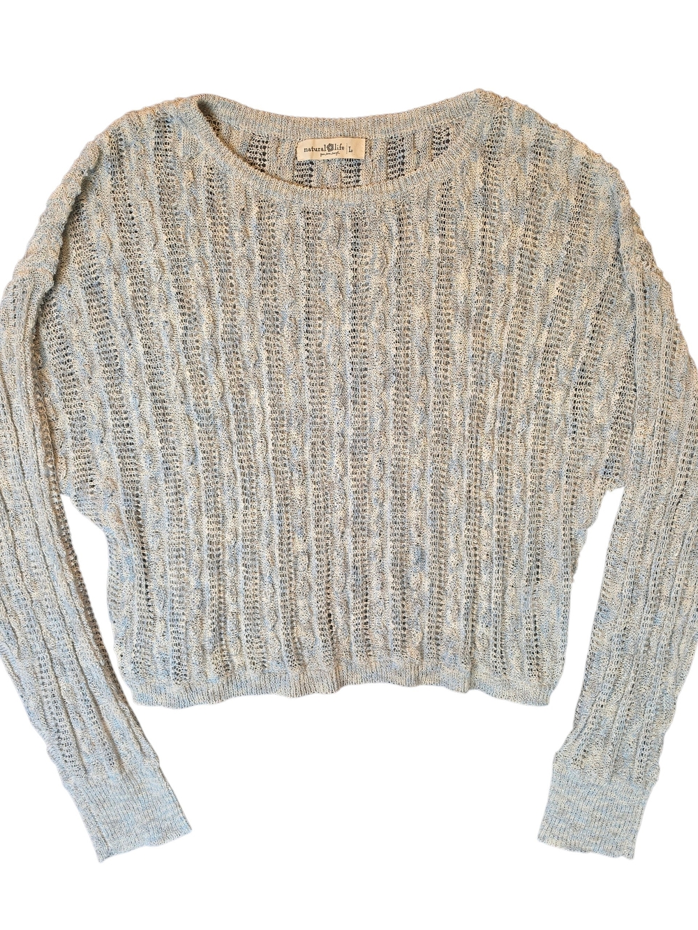Natural Life Blue & Gray Marl Linen Blend Cable Knit Cropped Sweater Large Boho